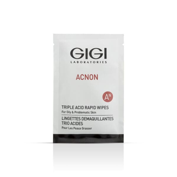 GIGI Acnon Triple Acid Rapid Wipe – exfoliating facial wipe with glycolic, lactic, and salicylic acids to cleanse and refresh oily, acne-prone skin