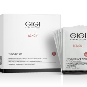 GIGI Acnon Triple Acid Rapid Wipes sachets with box – exfoliating facial wipes with glycolic, lactic, and salicylic acids to cleanse and refresh oily, acne-prone skin
