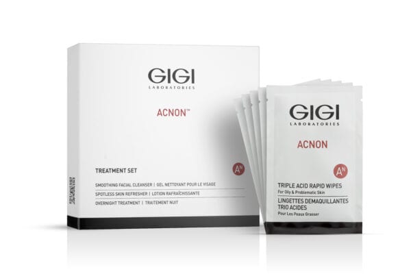 GIGI Acnon Triple Acid Rapid Wipes sachets with box – exfoliating facial wipes with glycolic, lactic, and salicylic acids to cleanse and refresh oily, acne-prone skin