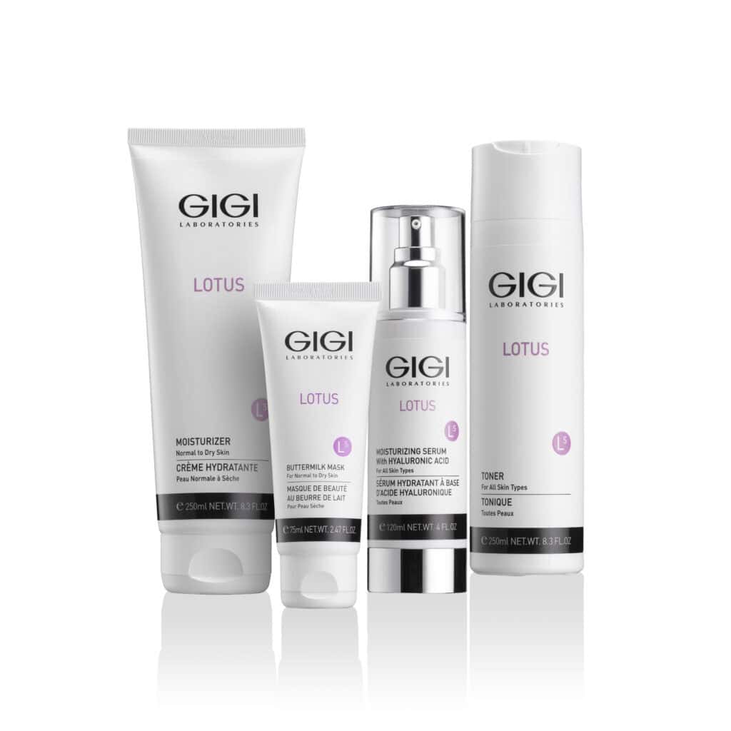 GIGI Lotus Line professional skincare collection featuring three white treatment products of different sizes for rejuvenating facial therapy