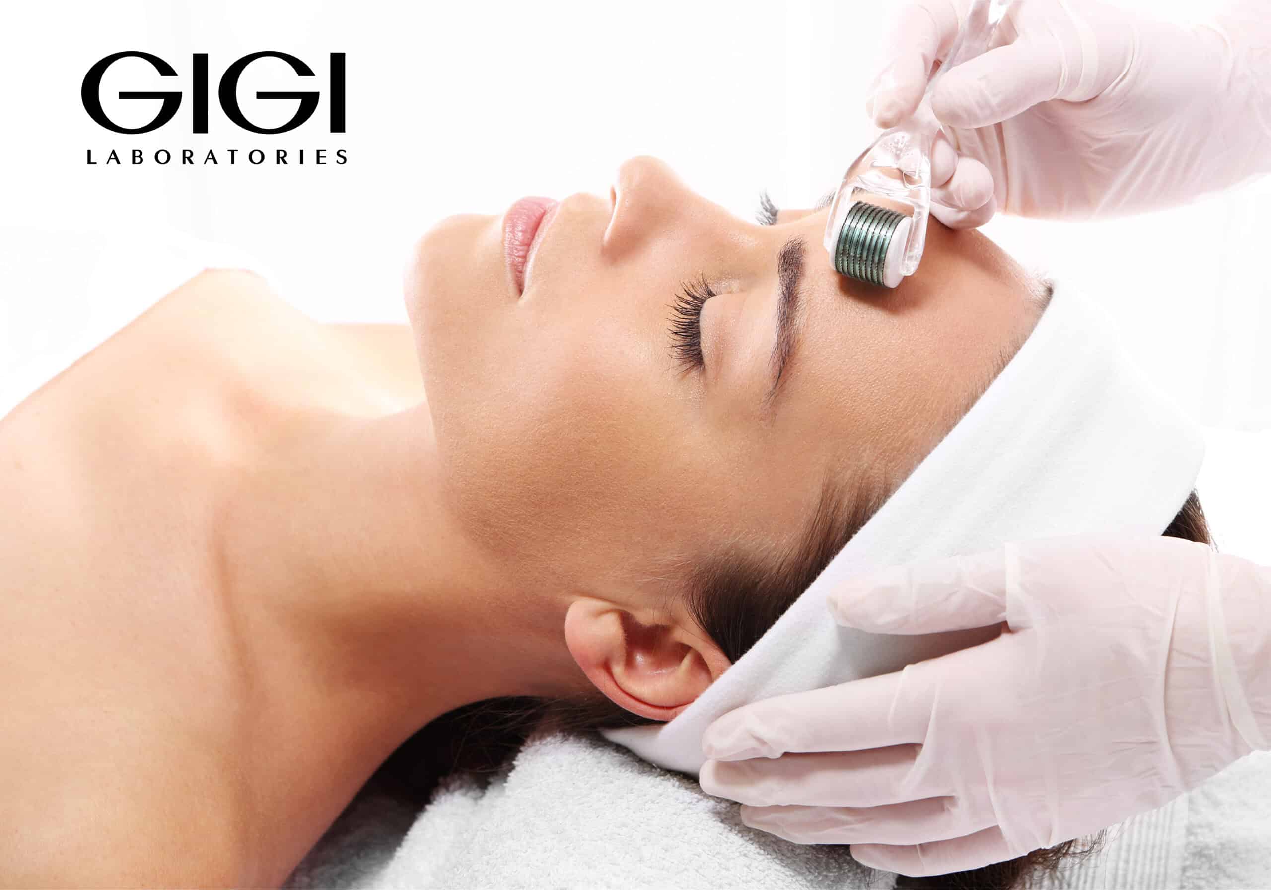 GIGI professional facial treatment showing therapist applying serum with dropper to client's face during skincare procedure